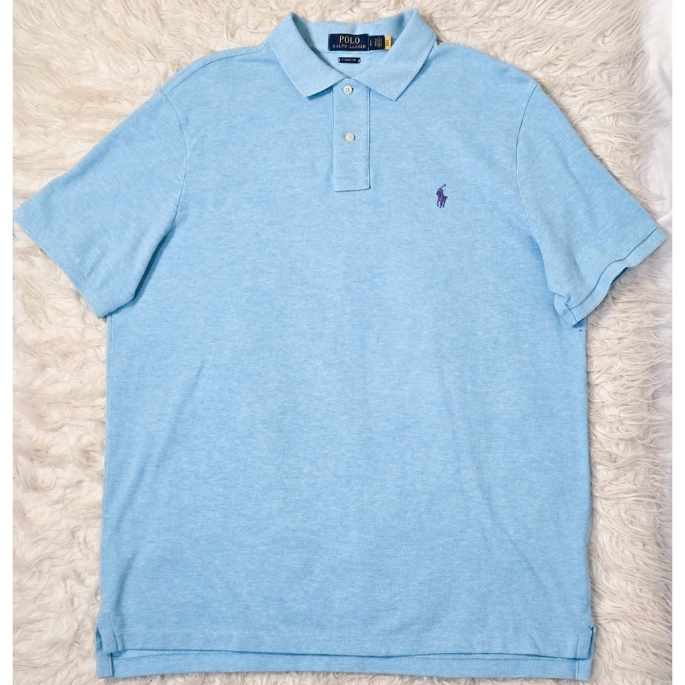 Polo Ralph Lauren Collared Shirt Baby Blue Purple Logo Short Sleeve Classic Fit